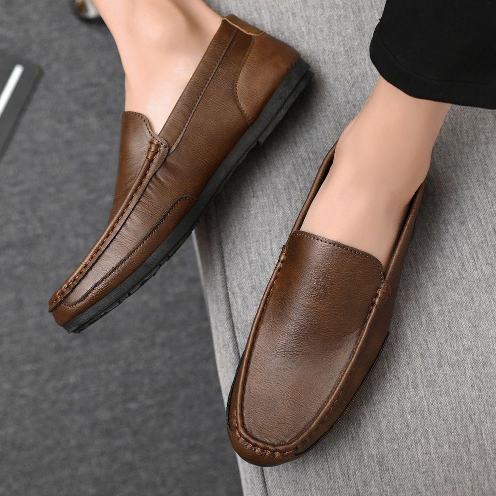 Fashion Brown Lightweight Man Casual Shoe Flat Plain Slip-on Common Adults Luxury Sale Social Low Price Legitimate Leather Shoes for Men