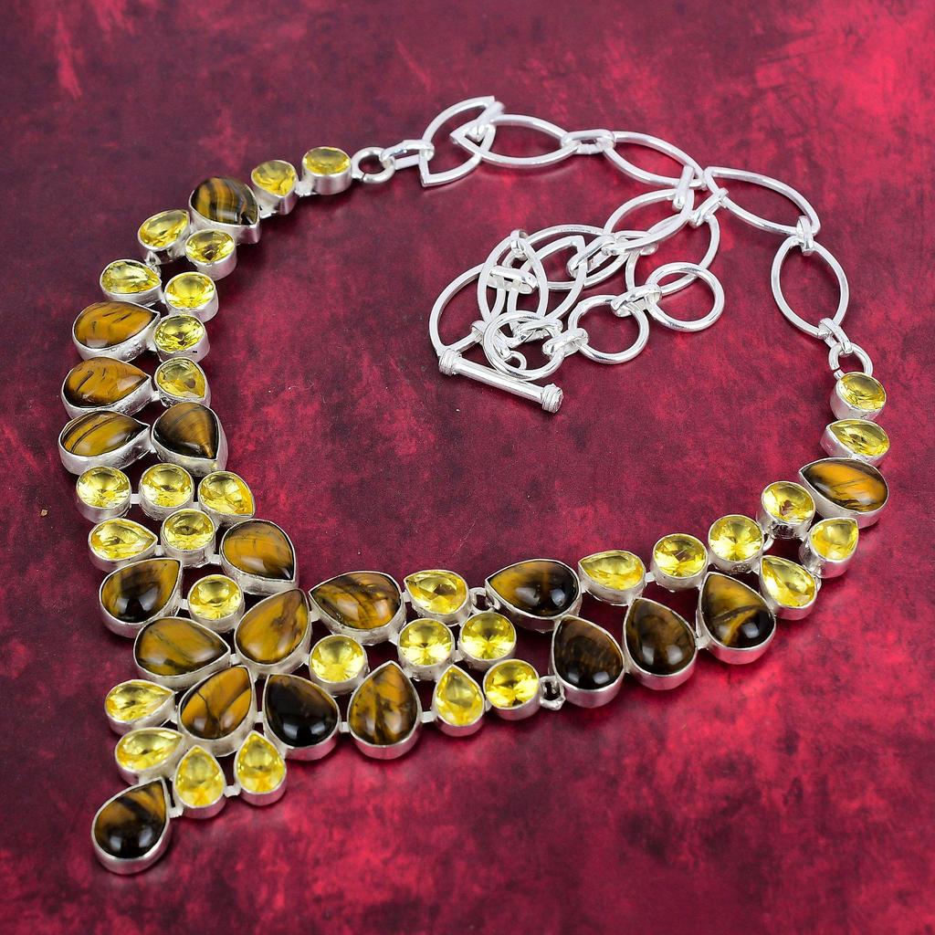 Tiger's Eye, Citrine Necklace, 925 Solid Sterling Silver Gemstone Jewelry, Handmade Necklace, For Thanksgiving