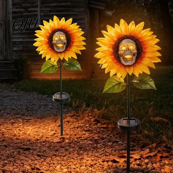 Solar Garden Lights Outdoor Waterproof Stake Light, Gothic Skull And Sunflower Statue Lamp, Halloween Decor LED Landscape for Patio Lawn Yard Pathway