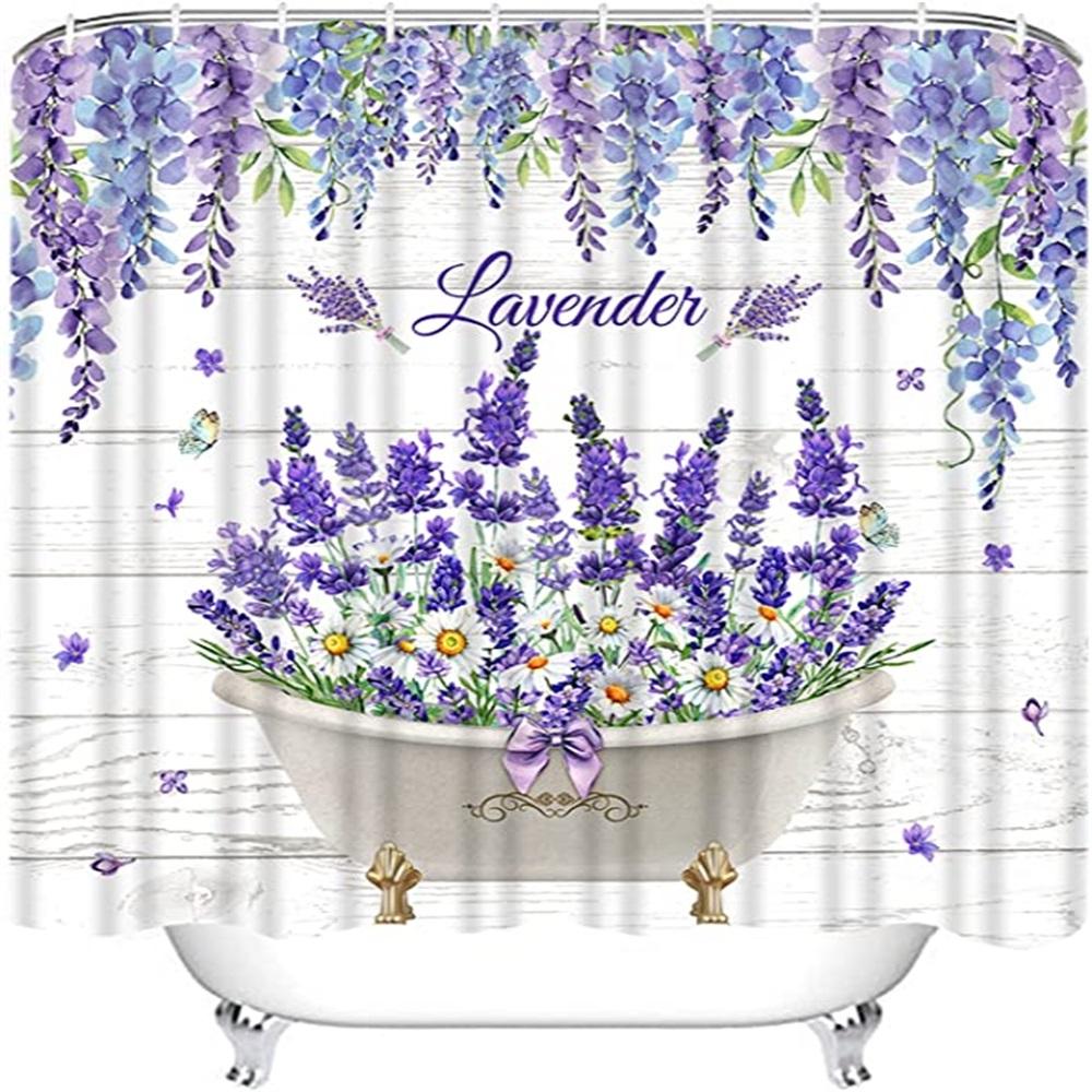 Purple Lavender Shower Curtains Rustic Farmhouse Watercolour Lilac Floral Rustic Wood Panel Plant Polyester Home Bathroom Decor