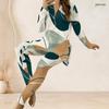Women Plus Size Beige Blue Orange Printed Two Piece Set Half Zip Long Sleeve Longline Top Fitted Pants