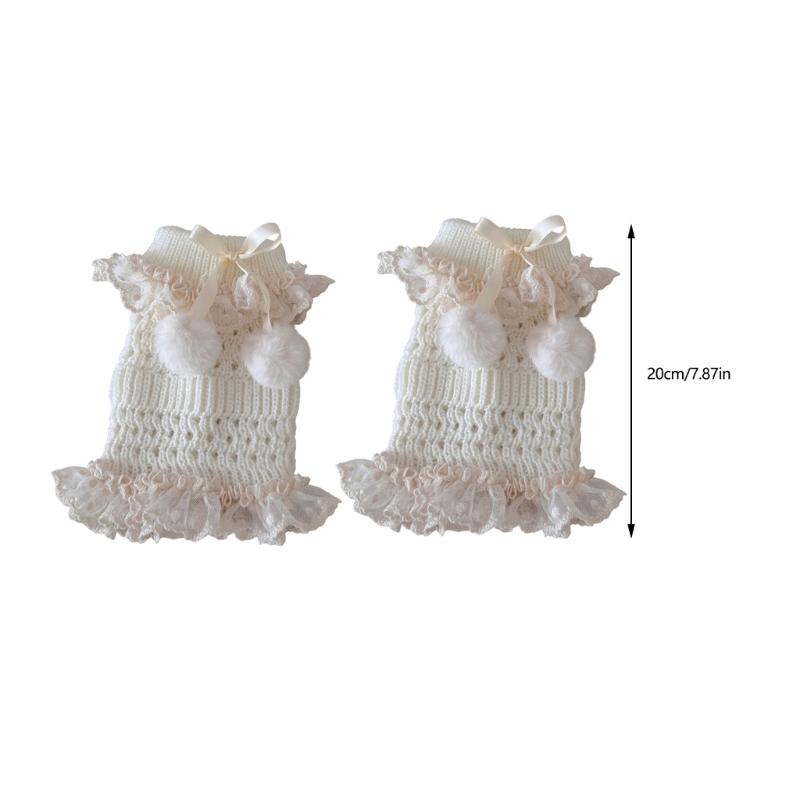 Fashionable Plush Balls Bows Adorned Leg Warmers with Lace Detail for Women's Hollowout Knitted Short Leg Covers Sleeves
