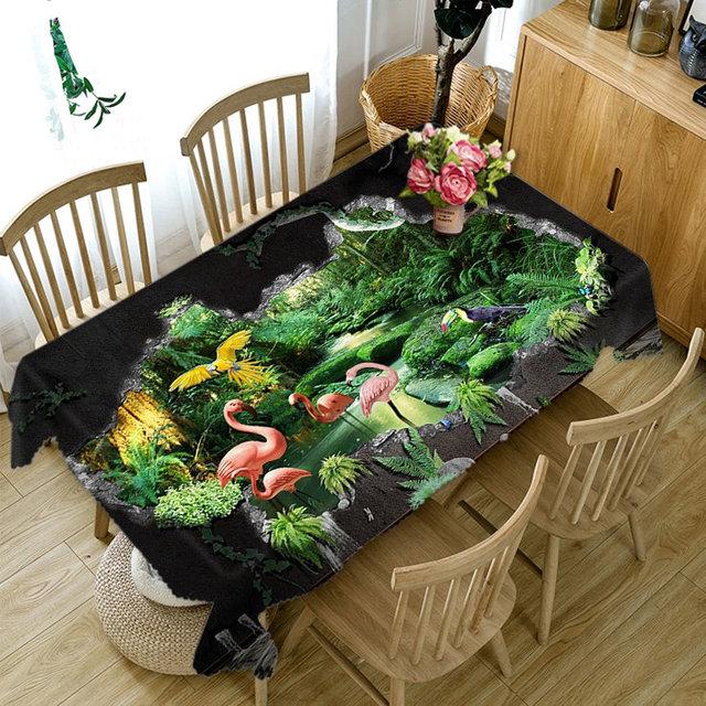 Flamingo And Green Jungle Pattern Tablecloth Dustproof Washable Cloth Thicken Cotton Rectangular And Round Table Cloth