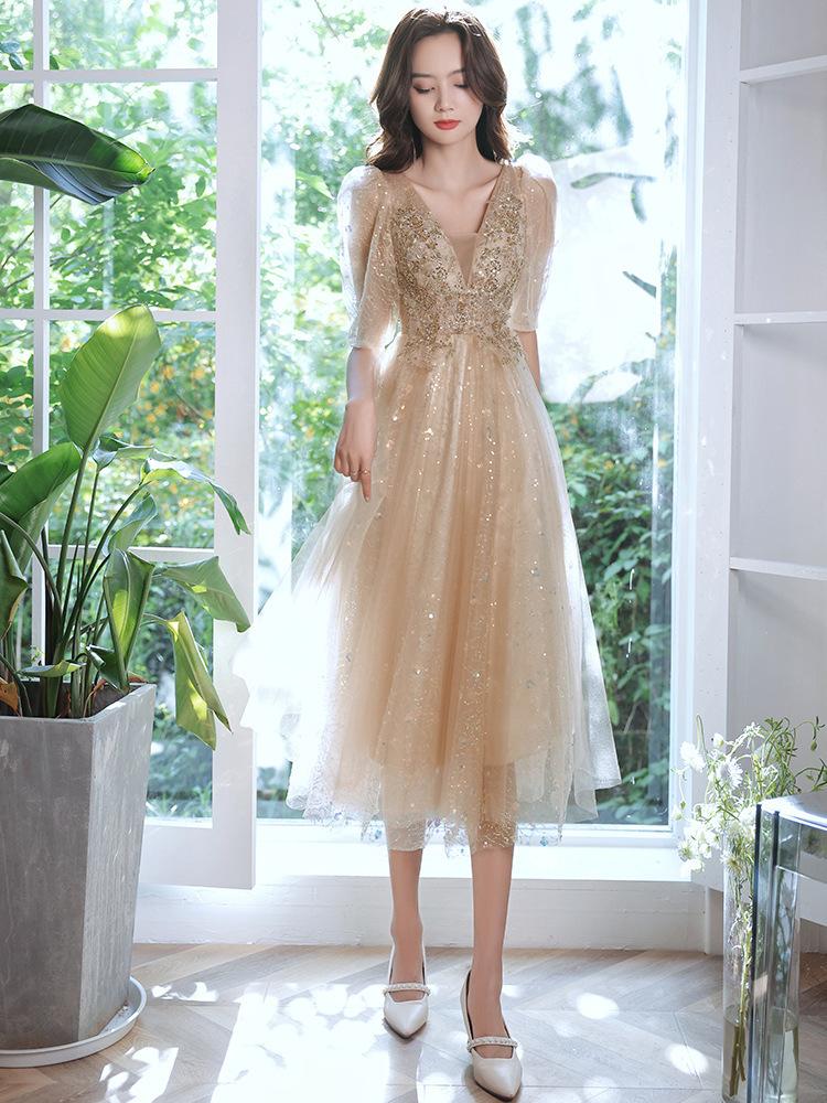 Host Evening Dress Champagne Bridesmaid Dress Banquet Temperament Large Size Engagement Art Test Fairy Dress