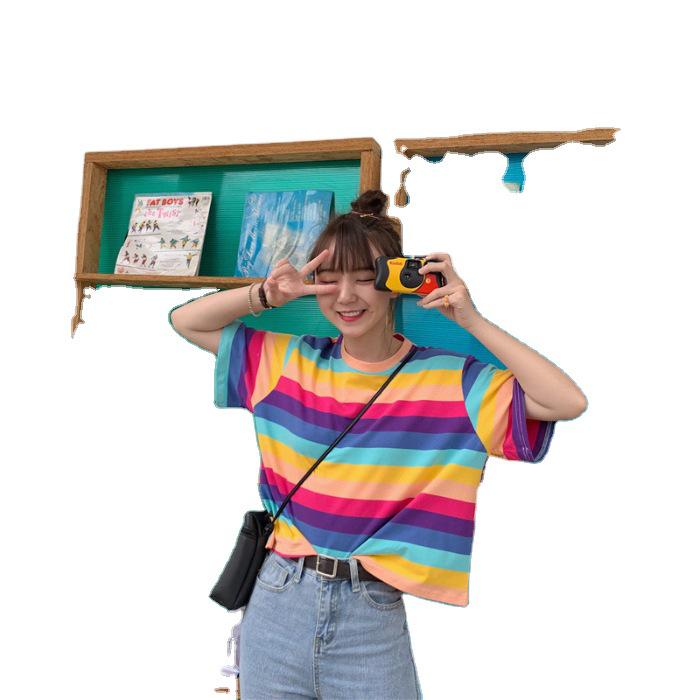 Damen 2024 Sommer Koreanischer Stil Regenbogen Gestreift Locker Kurzarm T-Shirt