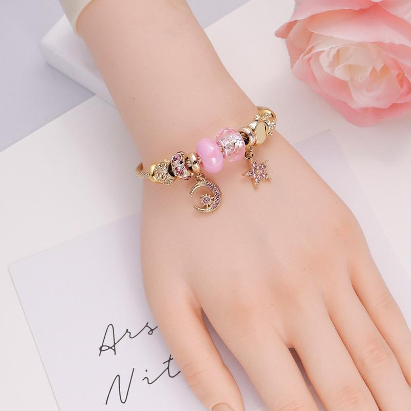 Four Leaf Clover Beaded Bracelet with Moon and Star Pendant Stainless Steel Jewelry for Women