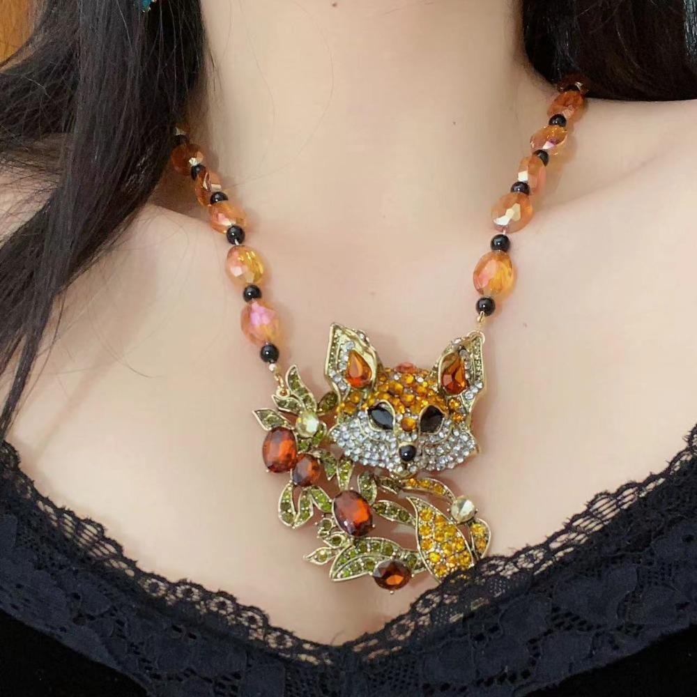Exaggerated Crystal Cat Necklace Earrings Beaded Collarbone Chain Women  Party