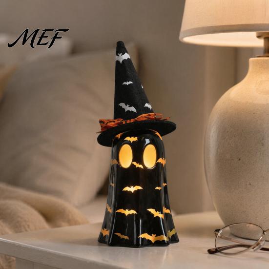 Halloween Home Table Decorations Light Up Ghost Decoration, Cute Spooky Witch Hat Figurine, Desk Decor Resin LED Lighted Statue for Mantel,