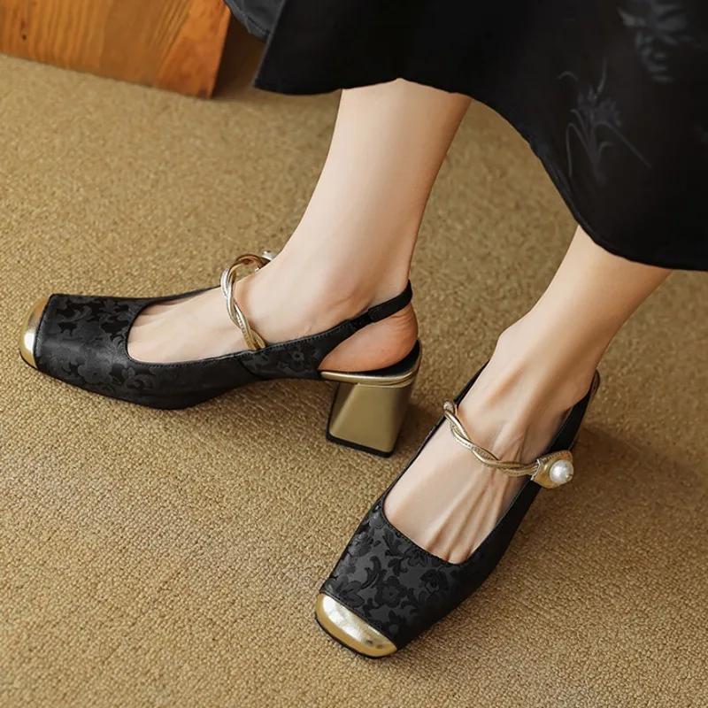 Módní nové dámské boty na podpatku, letní čtvercová špička, robustní podpatek, boty slingbacks pro ženy, sexy šaty, párty, dámské boty na vysokém podpatku