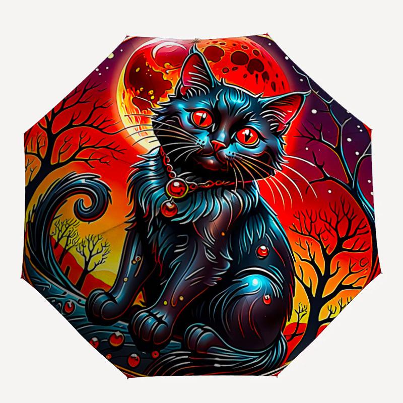 

1pc Terror Moonlit Cat Automatic Folding Umbrella - Design, Durable Iron Frame for Travel, Outdoor, Beach Fashion Accessory a0920016