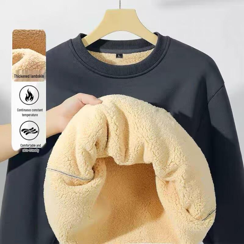 Men's Lambswool Round Neck Velvet Thick Long Sleeve Warm Hoodie - Autumn/Winter New Style Top (No Hood)