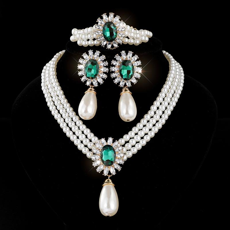 

Water Drop Imitation Pearl Necklace Earrings Set Bridal Rhinestones Pearl Clavicle Chain Jewelry Women зелений
