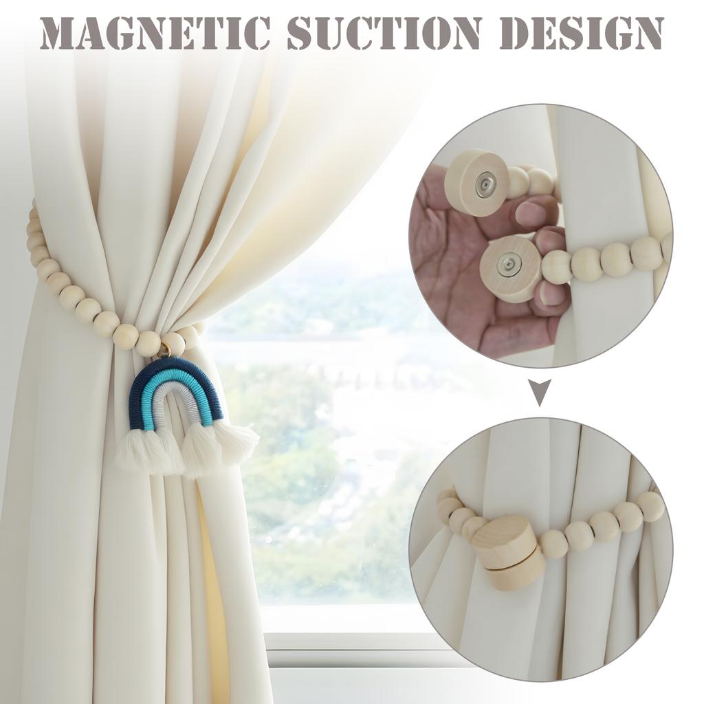 2 pcs Magnetic Wooden Bead Curtain Tiebacks Minimalist Rainbow Tassel for Bedroom Living Room Patio