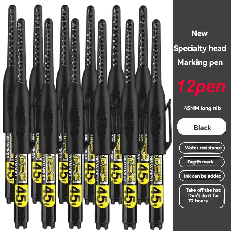 

12PCS Long Head Marker Pens, Special Oil-Based Woodworking Markers for Ceramics, 45MM Long Nib, Black/Blue/Red/White Ink
