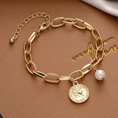 1 peça de Pulseira Cor Dourada Estilo Simples Feminino Corrente Grossa Cruzada Com Pingente de Cruz Cabeça Humana Amor Pérola