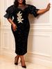 Plus Size Women's Black Sequin Dress with Puff Sleeves and 3D Floral Embroidery - Elegant Banquet Gown
