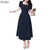 ZANZEA Women Casual Square Collar Summer Short Sleeve Lace Dress