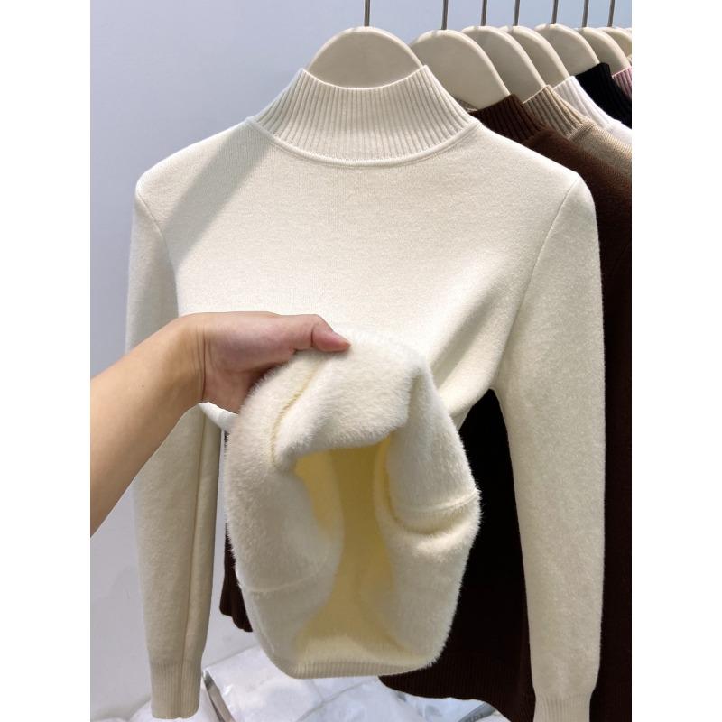 Winter integrated velvet thickened turtleneck knitted bottoming shirt women's warm inner top soft waxy basic sweater
