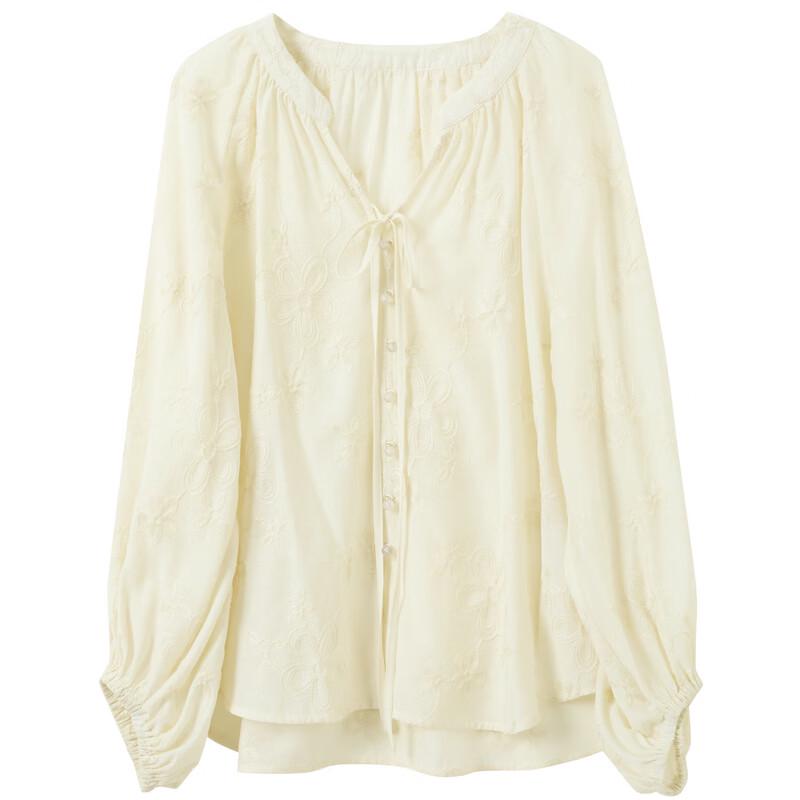 Sancai V-Neck Embroidered Lantern Sleeve Blouse