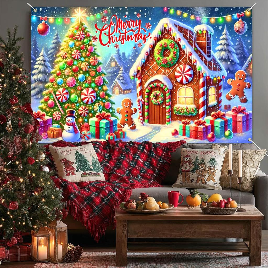 Gingerbread snowman Christmas tree background banner festive winter backdrop for parties photo background wall decoration