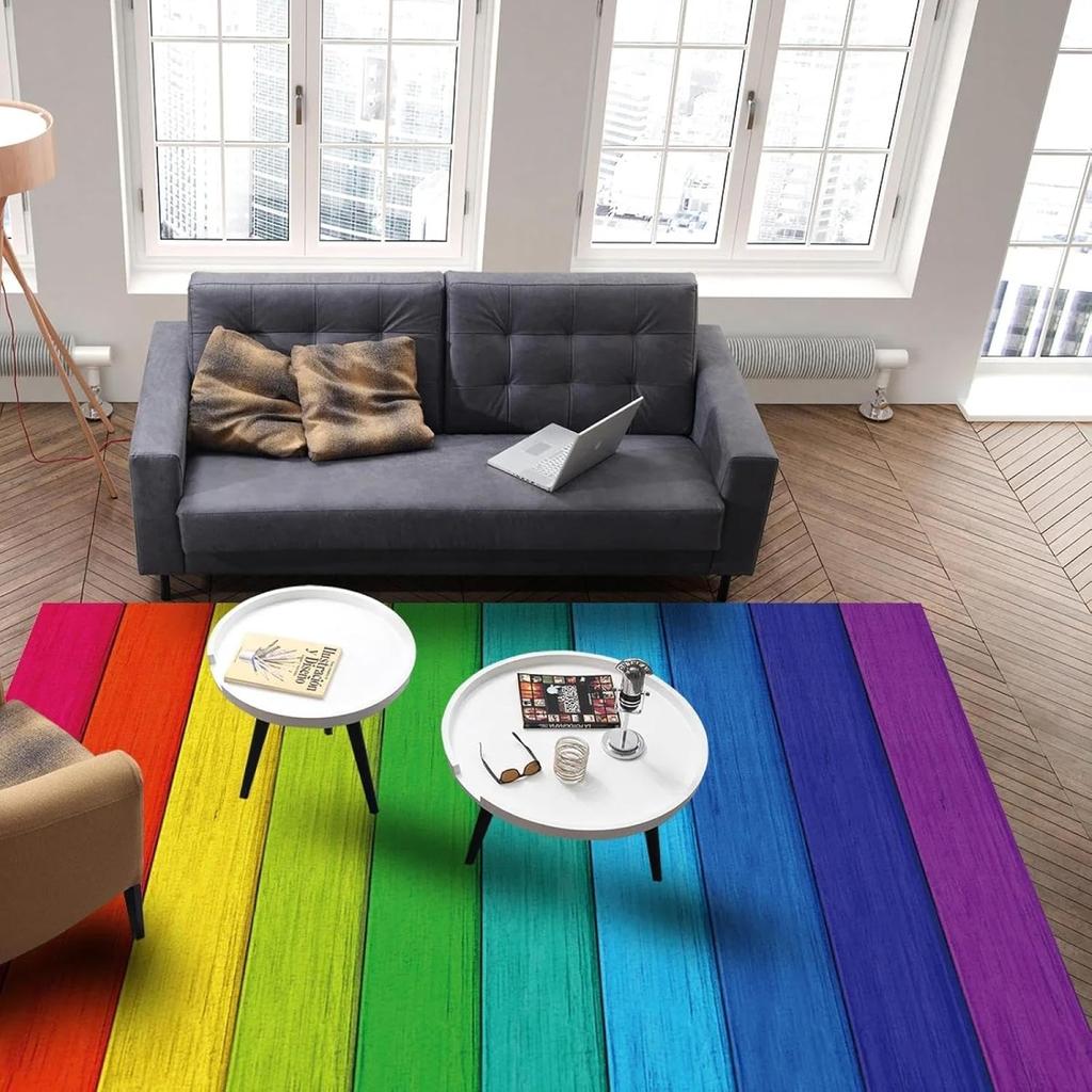 Rainbow Wood Grain Print Area Rug, Colorful Striped Design Non-Slip Floor Mat for Living Room Bedroom Home Decor Carpet