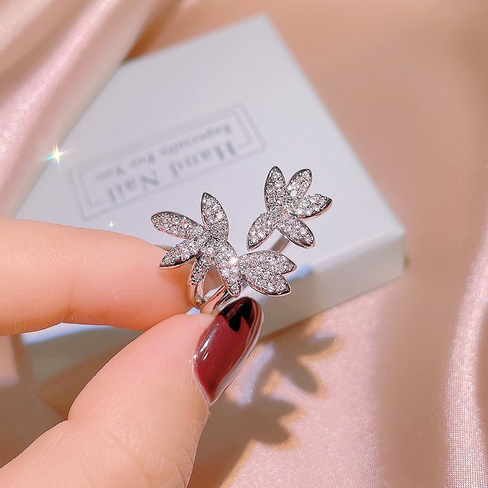 Niche Trendy Temperament  Micro Inlaid Zircon Flower Ring for Women  Fashionable  Simple  Personalized  Open Mouthed Index Finger Ring