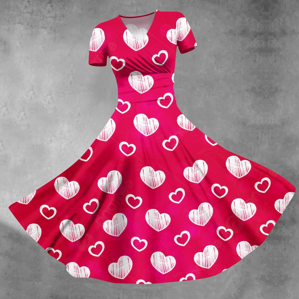 Women's Princess Dress Sexy V-neck Valentine's Day Print Waist Pull Pleated Short Sleeve Dress