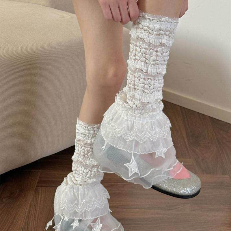 Women's Leg Warmer Fashion Ruffle Lace Leg Warmer Sheer Mesh Leg Socks Cute Sweet Boot Socks Cosplay Costumes Gift