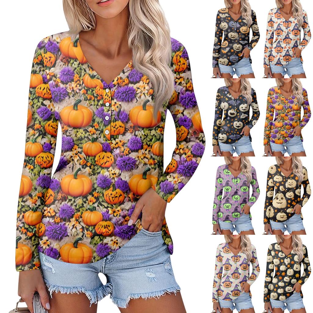 Women's Casual Fashion Sexy Comfort Halloween Printed V-Neck Button Long Sleeve
