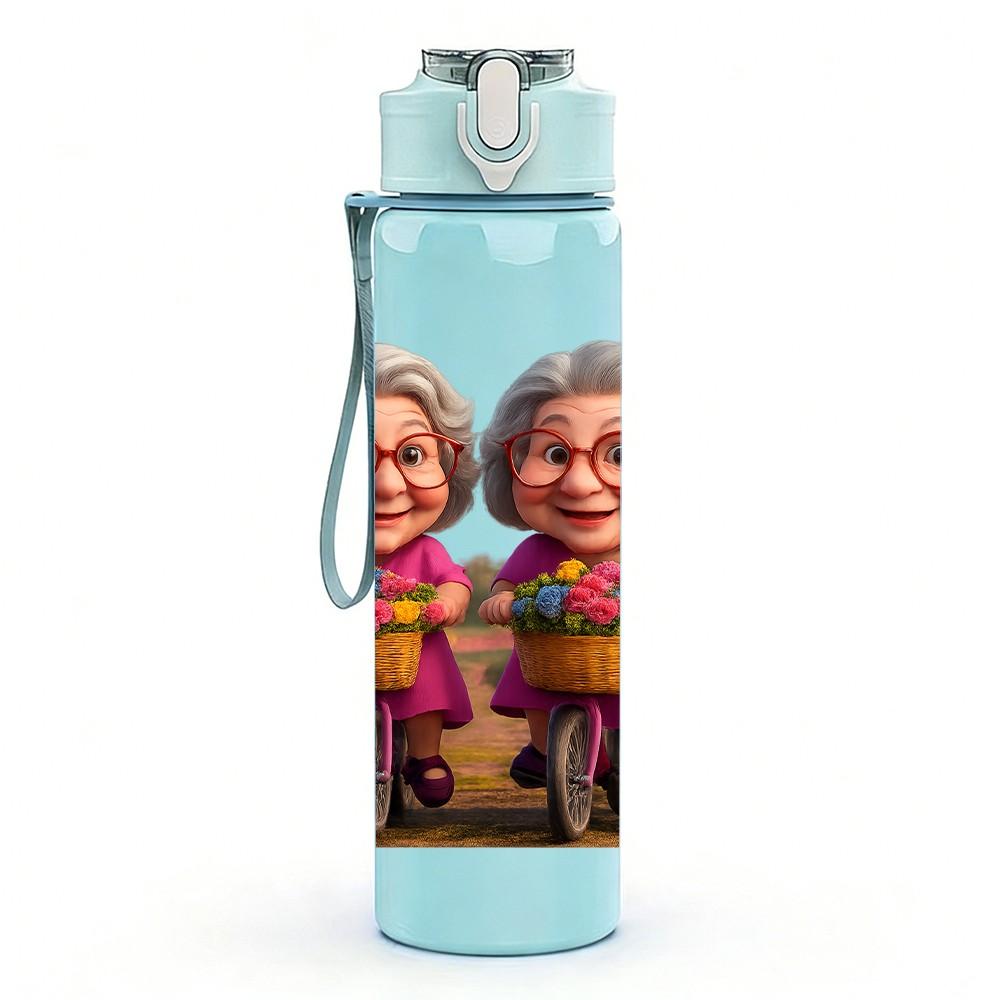 1PC Two Elderly Old Ladies Portrait Print 750ml Color Plastic Sports Water Bottle Leakproof Flip Straw Lid Suitable for Sports Office Home Use