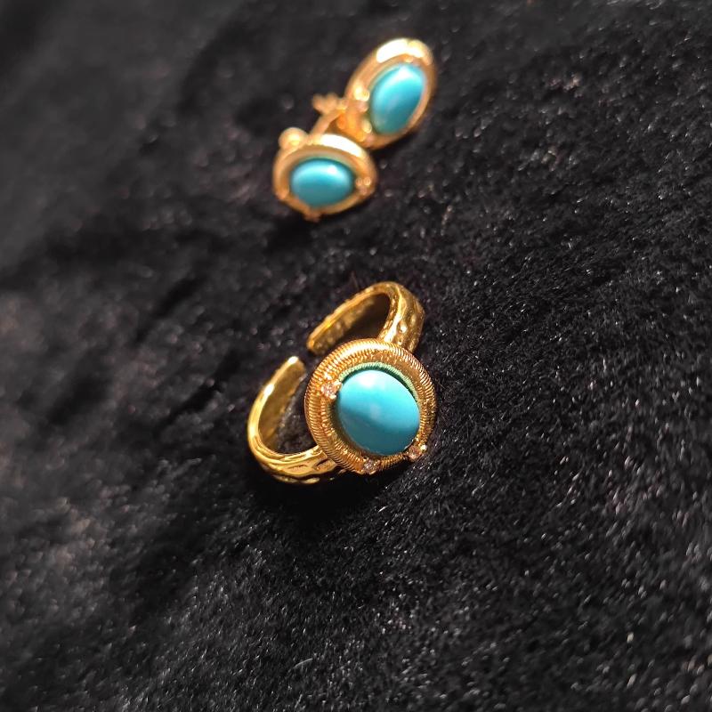 Exquisite Turquoise Rings for Women Vintage Palace Style Light Luxury Wire Drawing Blue Ring Party Wedding Romantic Jewelry