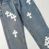 9912 CHROME HEARTS Men's and Women's American Style Trendy Jeans with Fabric Patches, Holes, Embroidery, Casual and Fashionable High Street Pants