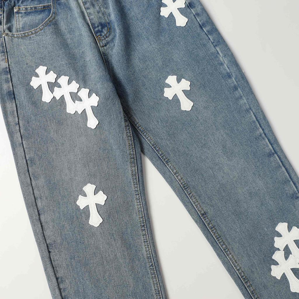 9912 CHROME HEARTS Men's and Women's American Style Trendy Jeans with Fabric Patches, Holes, Embroidery, Casual and Fashionable High Street Pants