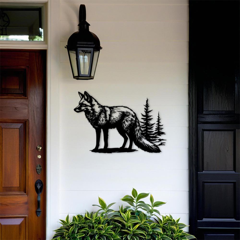 2D Flat Fox Pine Trees Metal Wall Art, Rustic Wildlife Silhouette Black Outdoor Decor for Living Room Cabin Office Indoor Outdoor Nature Inspired Sign