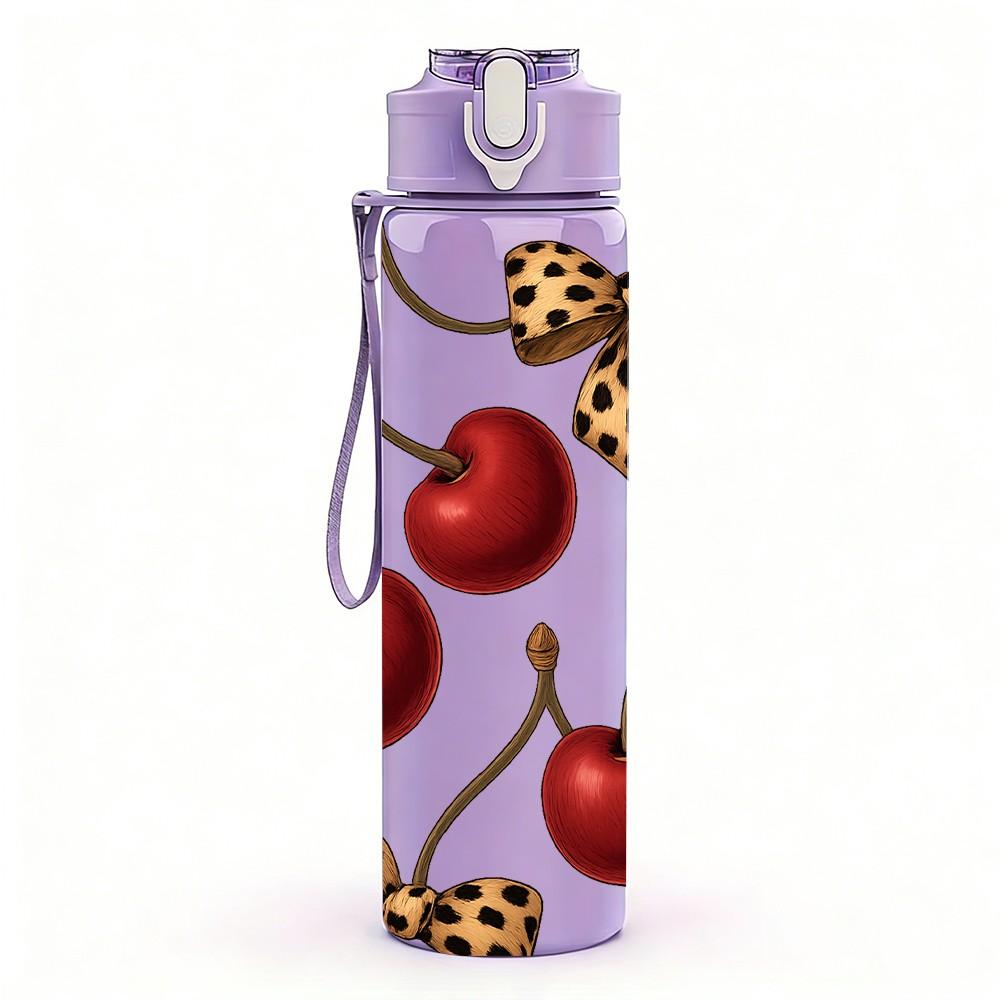 1PC Red Cherry Leopard Bow Layout 750ml Color Plastic Sports Water Bottle Leakproof Flip Straw Lid For Sports Office Home Use