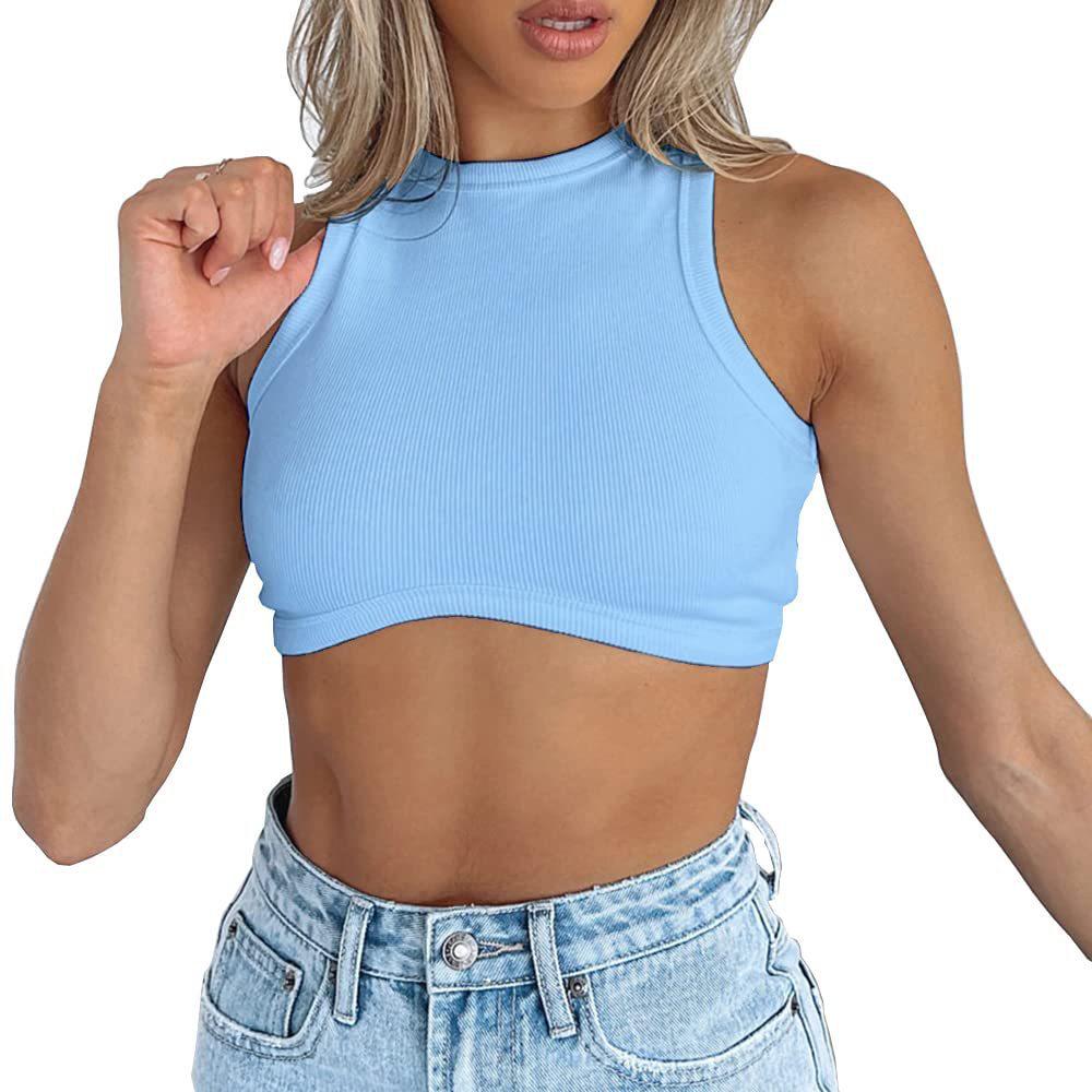 Dámský crop top bez rukávů z žebrovaného úpletu - Sexy styl s kulatým výstřihem
