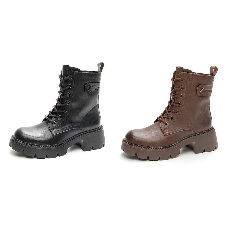 Autumn Leather Martin Boots Women's European and American Thick-soled Medium Boots Round Head Thick Heel Knight Boots Retro Versatile Velvet Boots