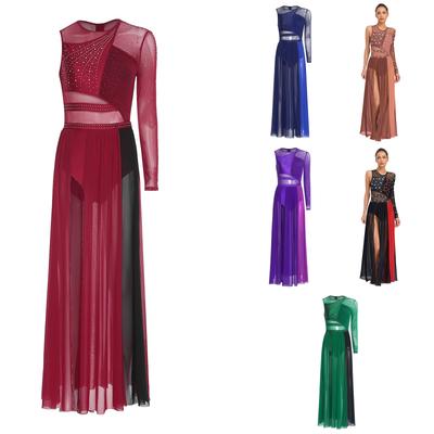 Women Stage Performance Dress Lyrical Dance Costume Rhinestones Color Block Patchwork with Sheer Mesh