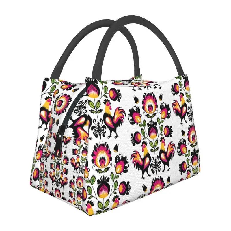 Polish Folk Flowers And Roosters Lunch Box for Women Waterproof Poland Floral Art Cooler Thermal Food Insulated Lunch Bag