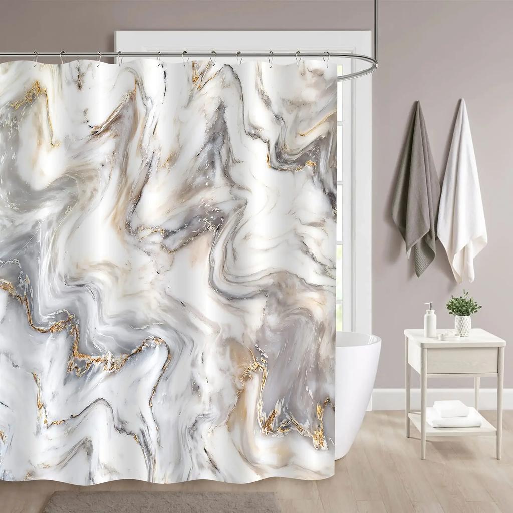 Abstract Marble Shower Curtain, White Gray Black Gold Blue Green Textured Stripe Simple Modern Ink Art, Bathroom Decorative
