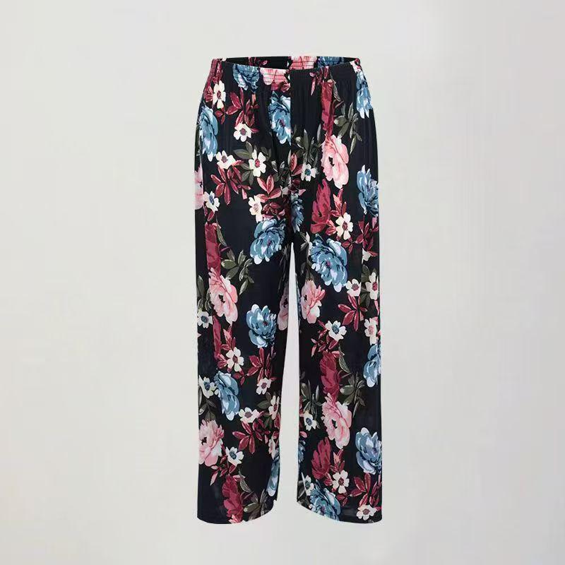 Atmungsaktive Blumendruck-Neunpunkt-Hose in Übergröße für Frauen mittleren Alters und ältere Frauen - Sommer-Eisseide, Lockeres gerades Bein Design