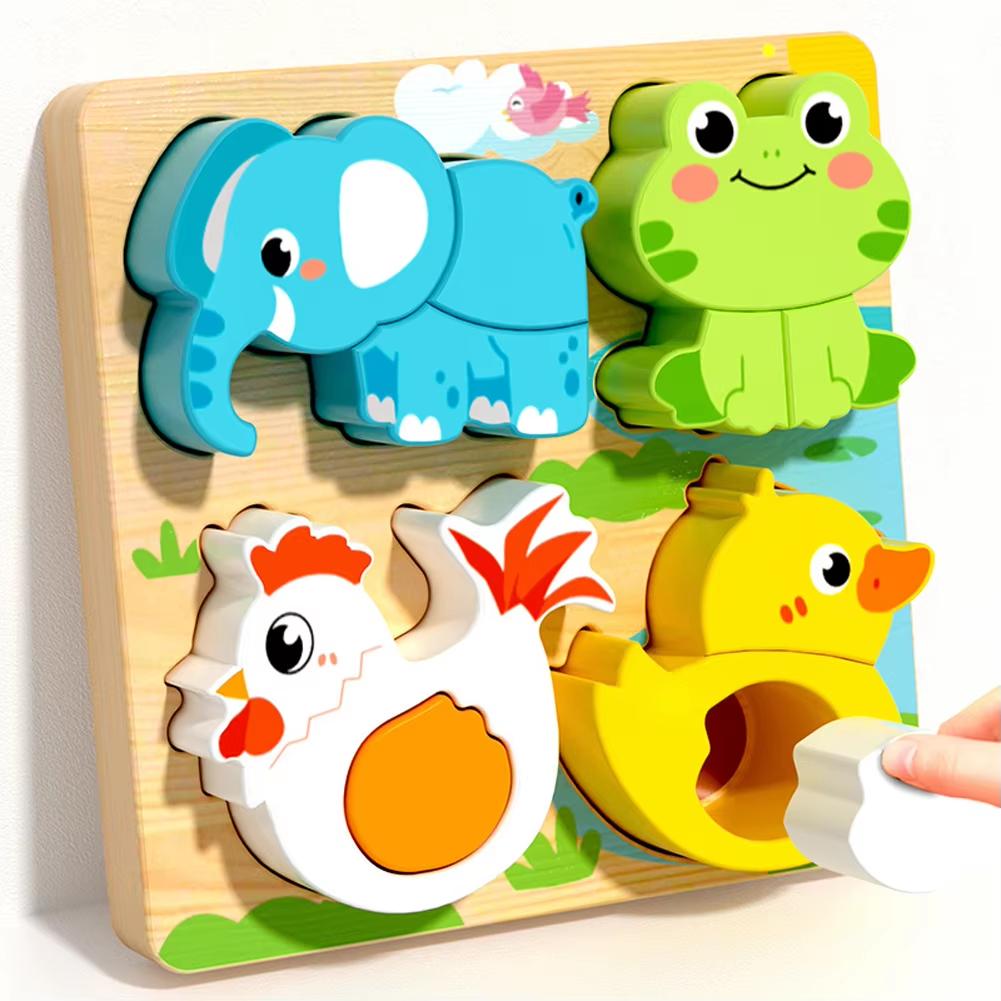 4-In-1 Wooden Toys 3D Wood Puzzle Cartoon Animals Cognitive Jigsaw Puzzle Early Learning Educational Toys for Children Gift