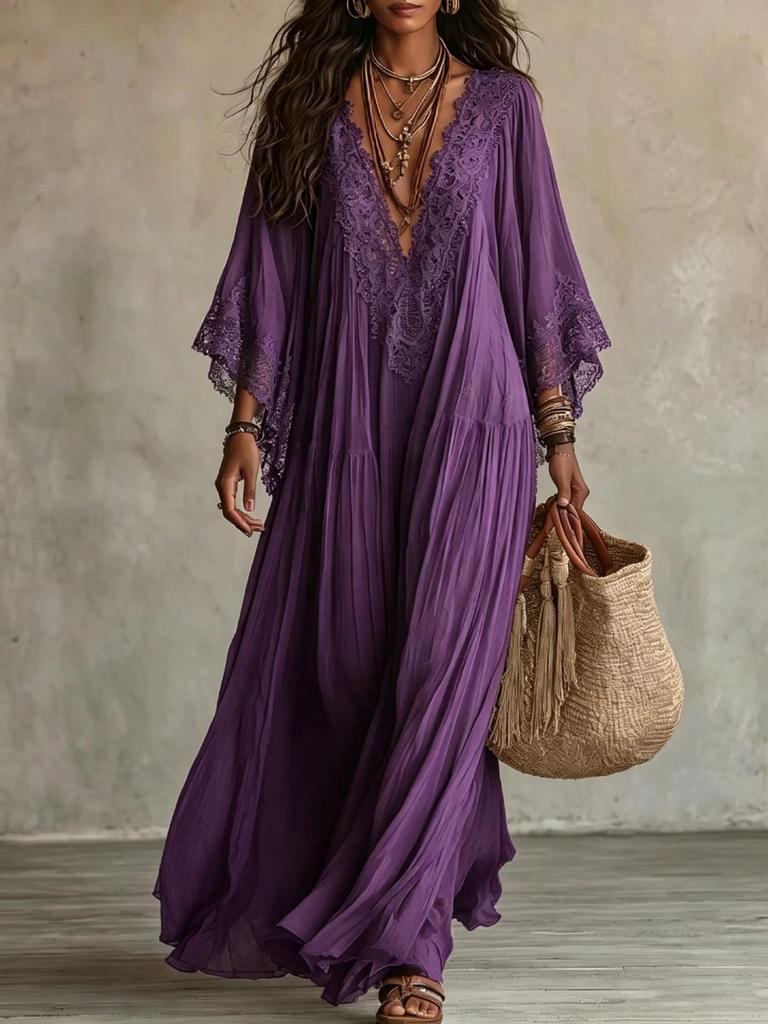 Bohemian Lace Patchwork Chiffon Dress - Western Style Hot Item