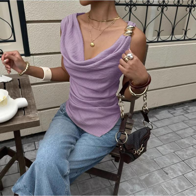 Womens Cowl Neck Sleeveless Blouse With Metal Button Shoulder Detail Casual Solid Color Tank Top