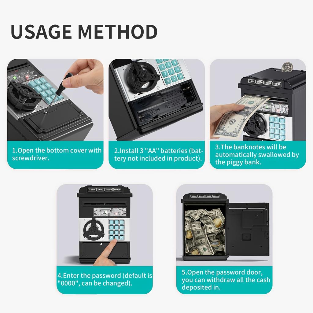 Sparschwein im Geldautomaten-Stil für Kinder mit Zahlenkombination – Automatische Spardose für Bargeld und Münzen, batteriebetrieben (Batterien nicht enthalten)