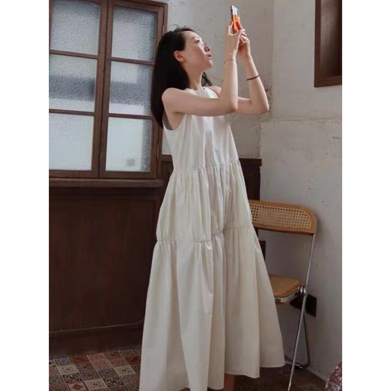 2024 Children's White Fairy French Spaghetti Strap Long Dress for Seaside Vacation
