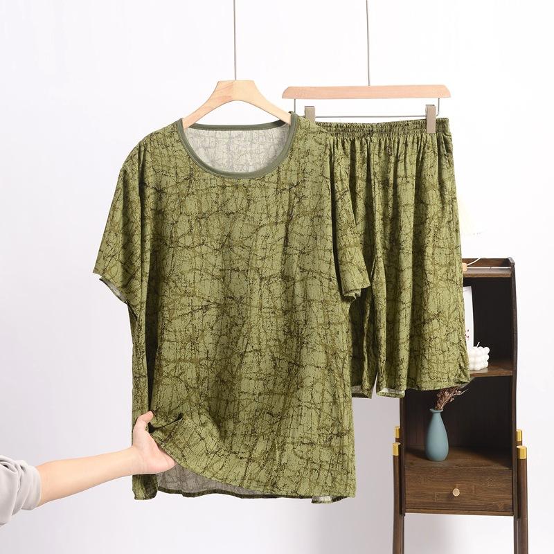 Summer Men's Cotton and Silk Pajamas, Short-sleeved, Large-sized Loose Casual Printed Home Wear, Can Be Worn As An Outer Suit