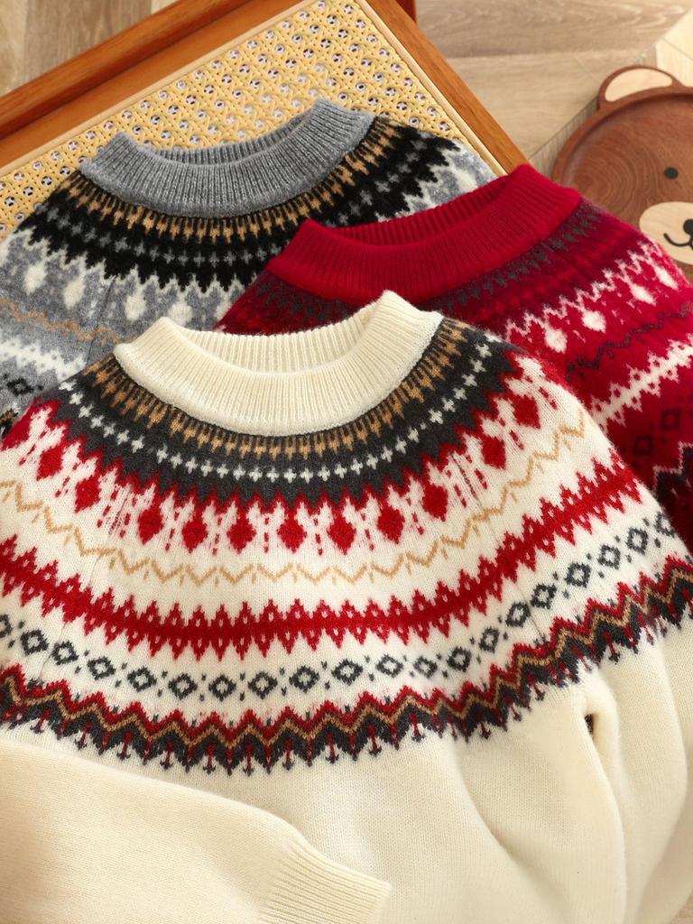Maglione in Lana Fair Isle per Bambini - Spesso, Caldo, Stile Retro Rosso per Autunno/Inverno Ragazzi e Ragazze