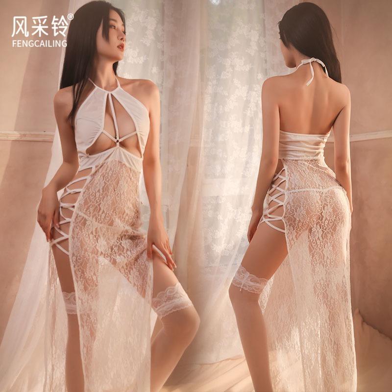 Sexy Dessous langes Kleid Nachthemd Spitze Kreuzträger sexy Anzug
