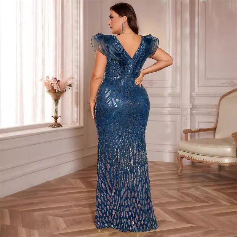 Plus-Size Dress, New European and American Style, Deep V-Neck Sequin Evening Gown, Elegant Slim-Fit Long Party Dress